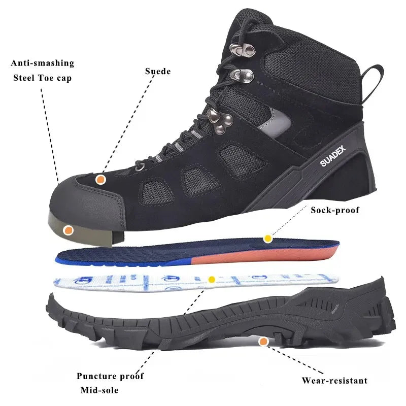 SUADEX Men Work Boots Anti-smashing Safety Motorcycle Combat Boots
