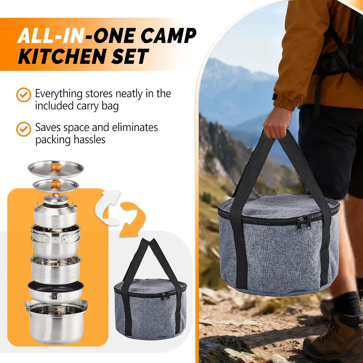 6pcs Cookware Set, 304 Stainless Steel Lightweight Non-Stick Pot, Kettle and Spin with Travel Tote Bag for Open Fire, Camping, Outdoor Cooking for 4-6