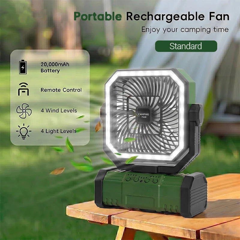 20000mAh Camping Fan with LED Lantern, Rechargeable Battery Operated Oscillating Fan with Remote & Hook, Portable Tent Fan 4 Speeds for Outdoor Camp RV Jobsite Power Outage