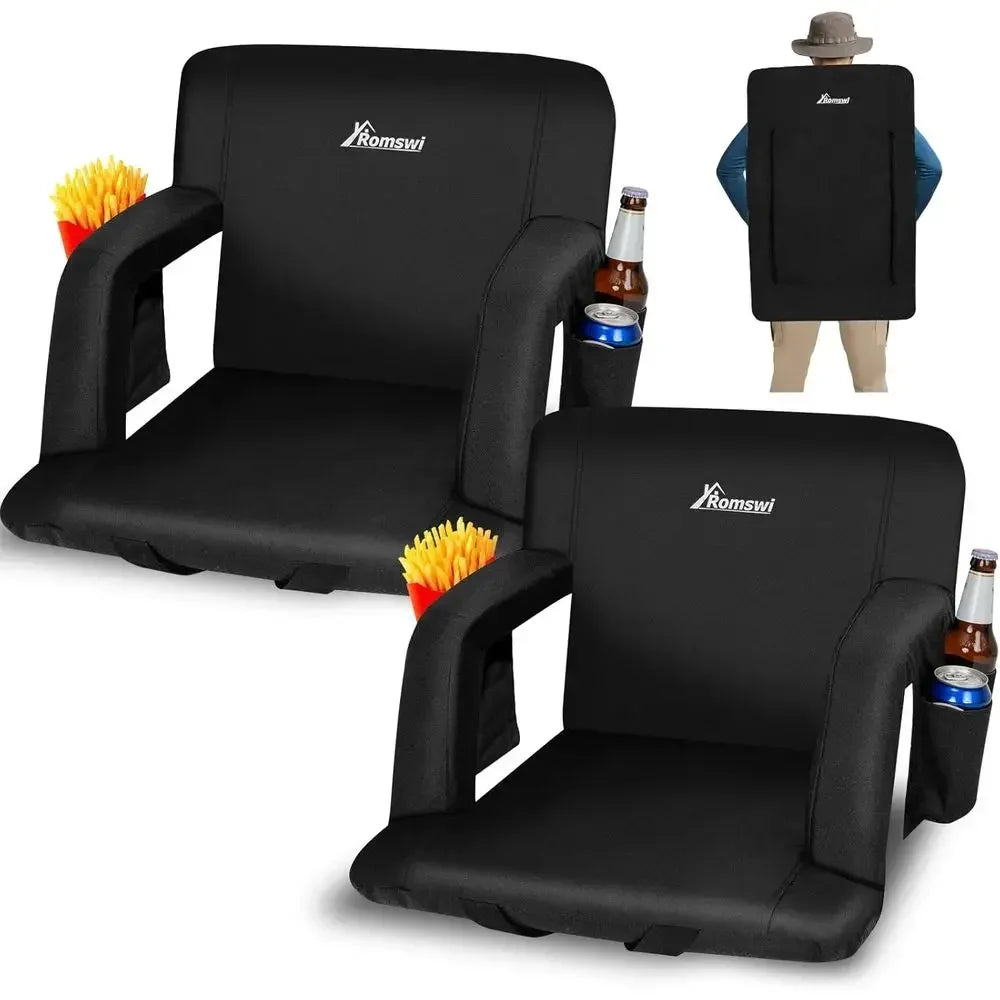 Double Pack Extra Wide Reclining Stadium Seats with Armrests, Adjustable Angles, Padded Backpack Straps & Pockets