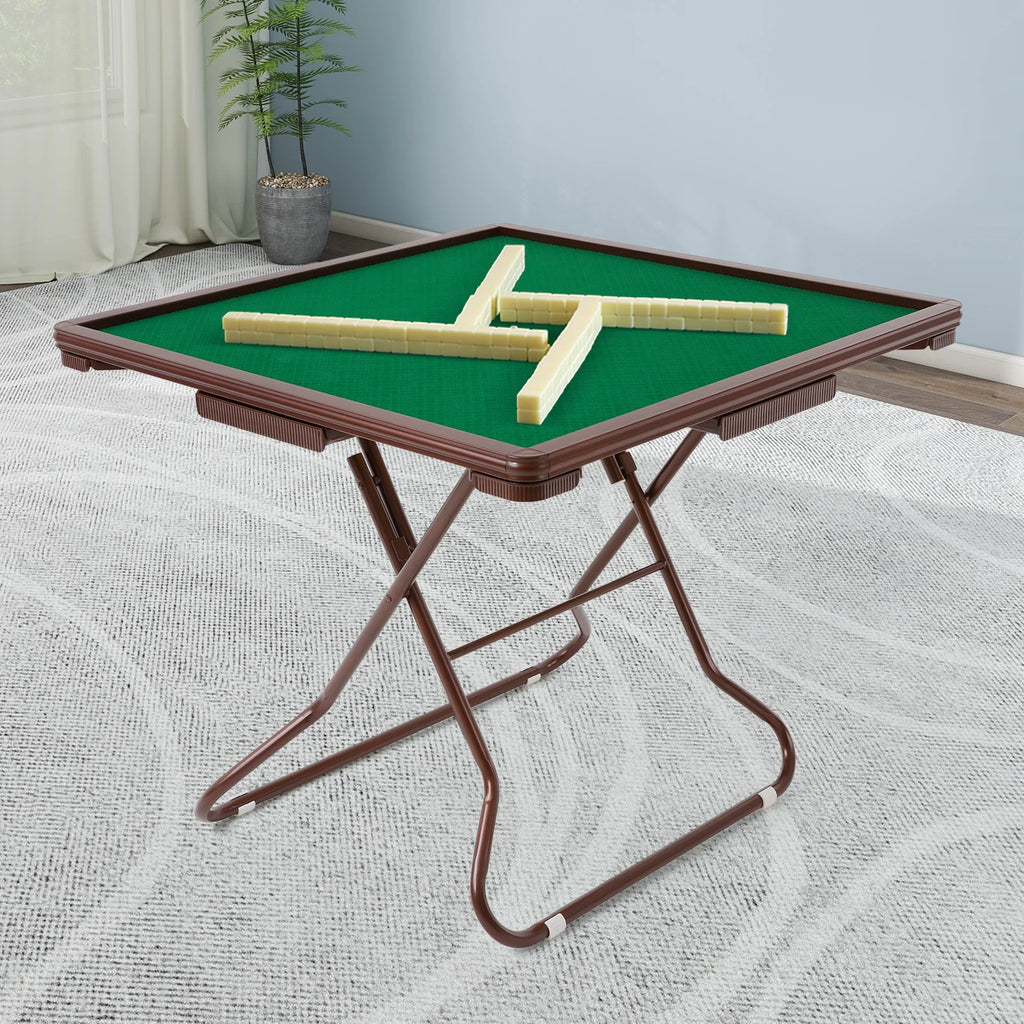 Foldable Square Mahjong Table Wood Board Velvet Desktop Q195 Plastic Steel Frame 150KG Load Noise Reduction Anti-slip Table Leg Rounded Safe Corners Built-in 4 Cup Holders & 4 Hidden Storage Drawers Raised Anti-slip Edge Port