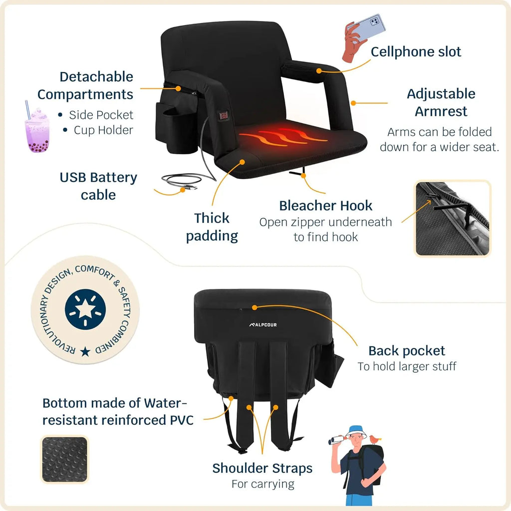 Alpcour Wide Heated Reclining Stadium Seat - Waterproof, Thick Padding