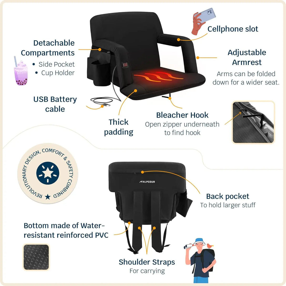 Alpcour Wide Heated Reclining Stadium Seat - Waterproof, Thick Padding