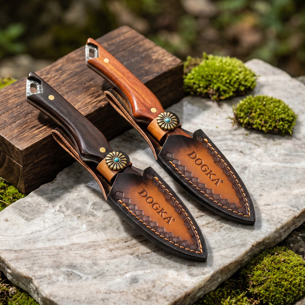 Damascus Pattern Fixed Blade Utility Knife with Solid Wood Handle Portable Outdoor Camping Picnic Cutting EDC Gear with Handmade Leather Sheath 2 Styles
