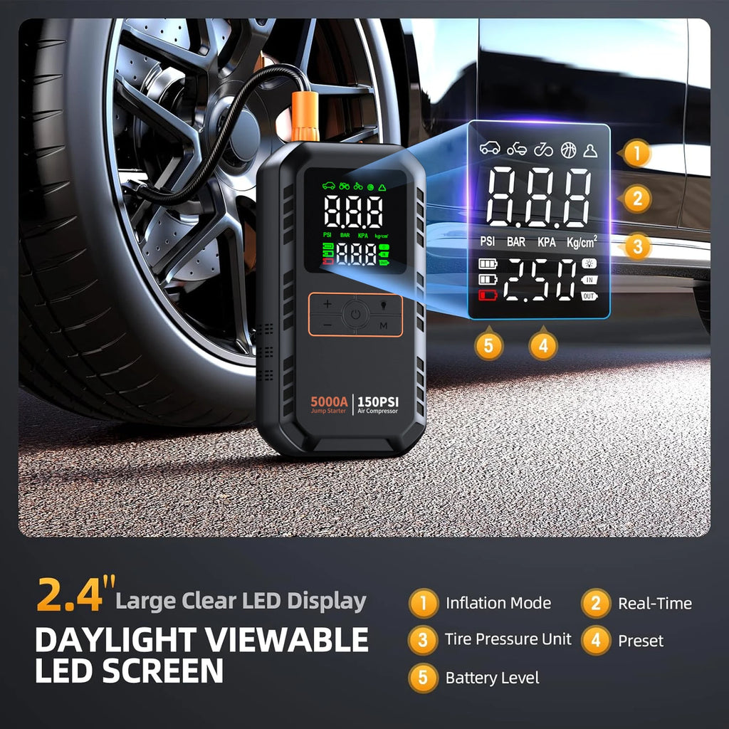 4-IN-1 Car Jump Starter with Air Compressor Peak 5000A Auto Battery Booster 150PSI Air Pump Portable Power Bank Tire Inflator - Macgyverzoutpost