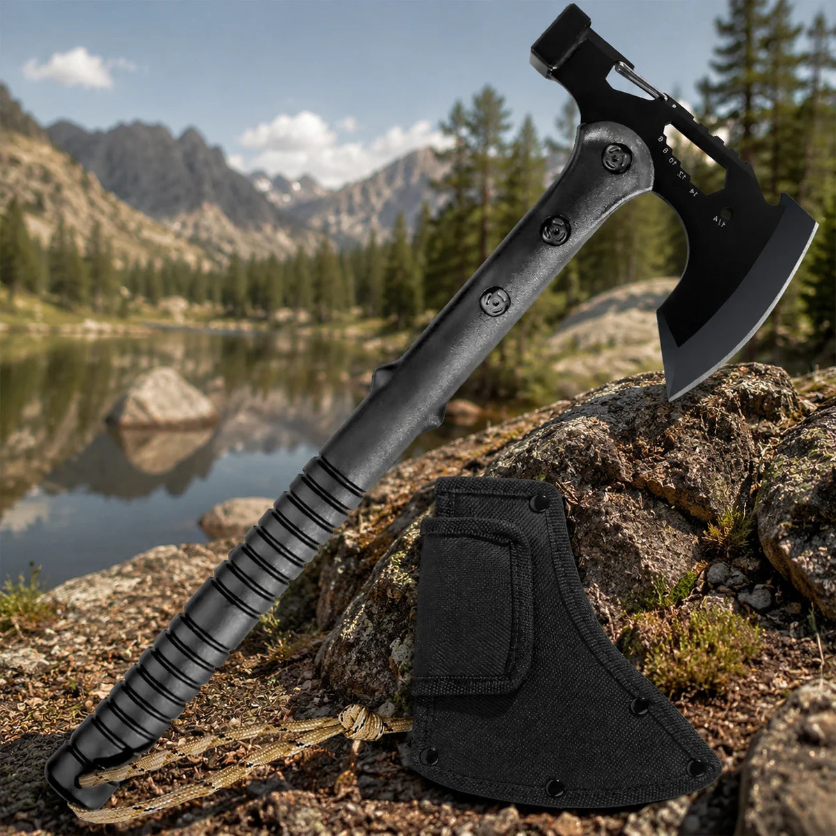 Black Outdoor Fixed Blade Knife with Protective Sheath Long Handle Portable Camping Hiking Picnic Daily Use Utility Accessory
