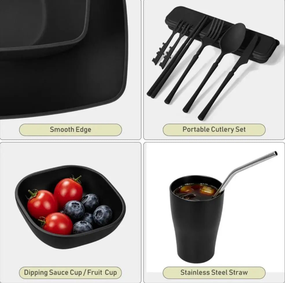 49Pcs Eco-Friendly Wheat Straw Dinnerware Set for 4 Unbreakable Plates Bowls Cutlery Lightweight Reusable Tableware Portable Outdoor Picnic Travel Camping Kitchen Microwave Safe