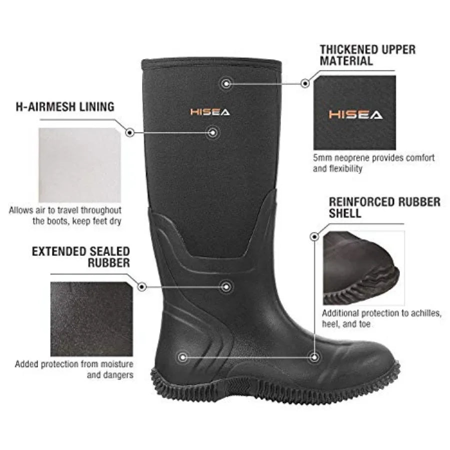 HISEA Men's Rain Boots, Waterproof Durable Insulated Rubber Boots for Men, 5 mm Neoprene Outdoor Mud Fishing Hunting Boots