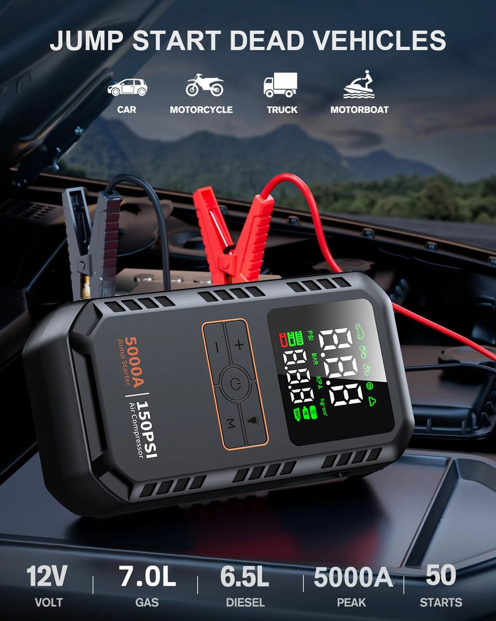 4-IN-1 Car Jump Starter with Air Compressor Peak 5000A Auto Battery Booster 150PSI Air Pump Portable Power Bank Tire Inflator - Macgyverzoutpost