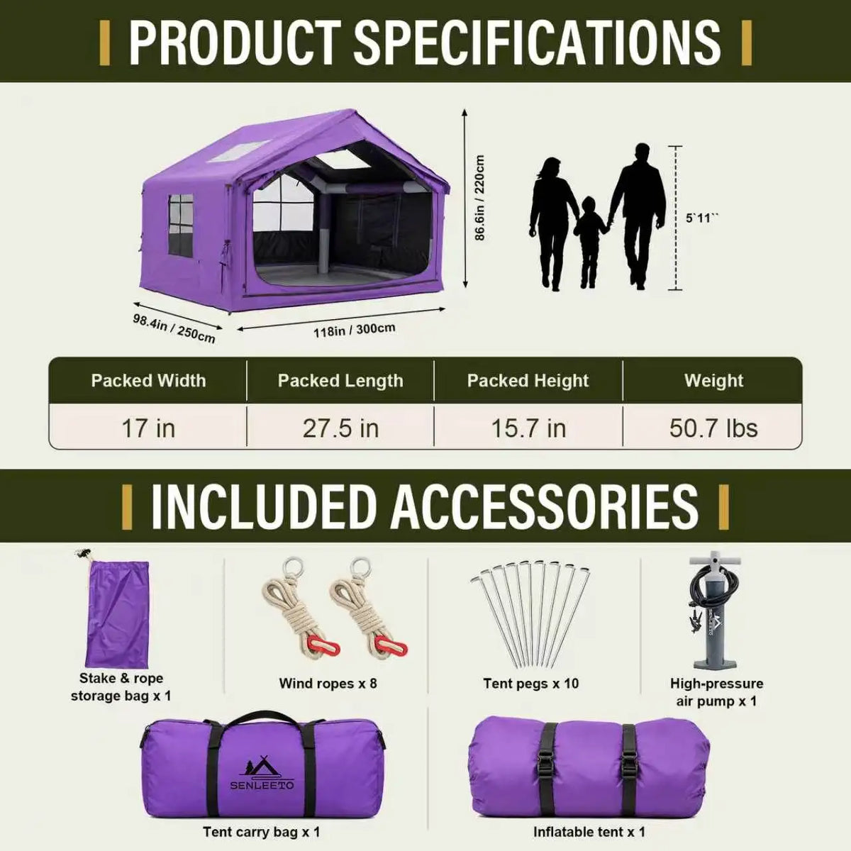 SENLEETO 11.8'X9.8' Inflatable Camping Tent for Family with Stove Jack,Black Coating Easy Setup Blow up Tent with Skylight AC Vent