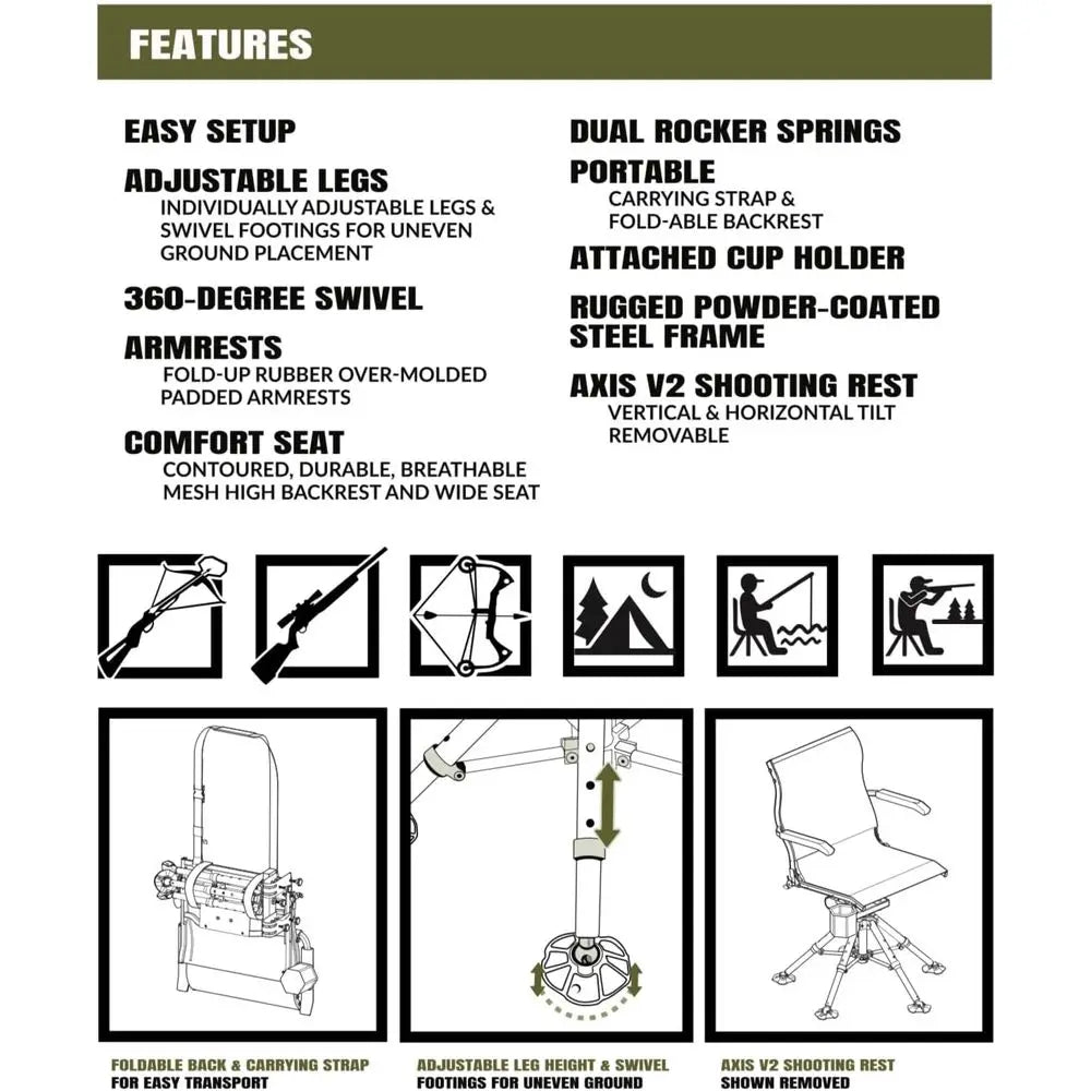 Dual-Axis Swivel Shooting Rest - Portable Rocking Chair for Hunting and Camping