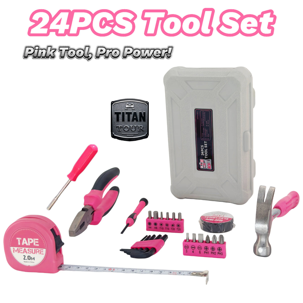 Pink Tool Set  | 24-Piece CR-V Alloy Steel Car Repair Tool Kit | Includes l Wrenches/Pliers/Screwdrivers