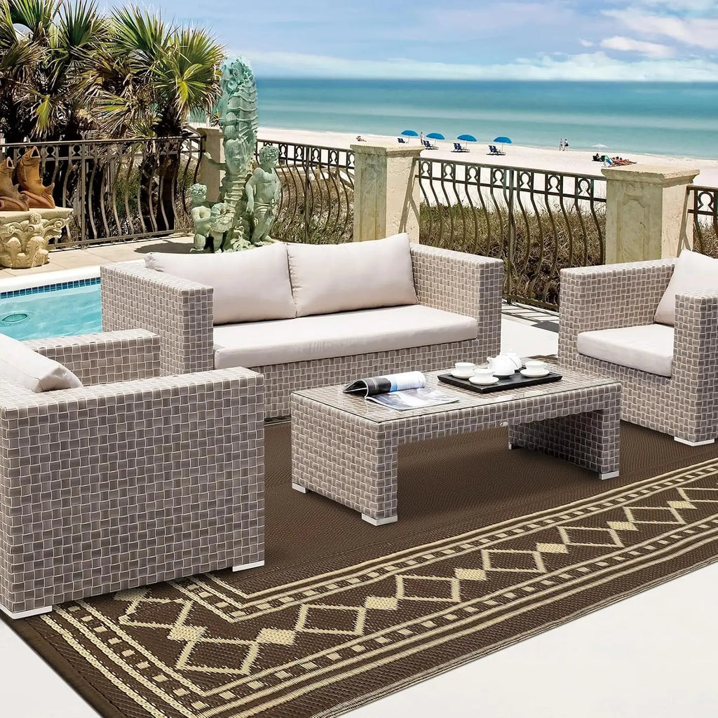 10x20 Reversible Outdoor Rug – Waterproof Plastic Straw Mat, Bordered Geometric Design, Brown/Coffee,