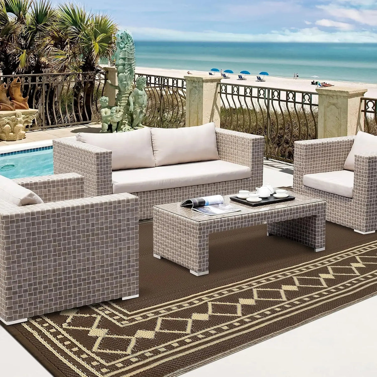 10x20 Reversible Outdoor Rug – Waterproof Plastic Straw Mat, Bordered Geometric Design, Brown/Coffee,