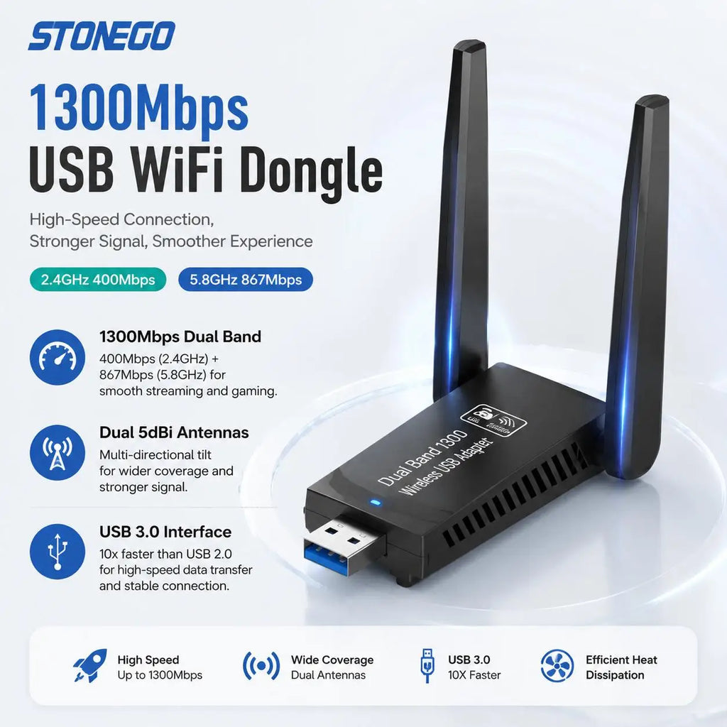 1300Mbps USB 3 0 WiFi Adapter Dual Band 5GHz 2 4GHz High Gain Antenna Long Range Wireless Network Card WiFi Dongle for PC Laptop Desktop Windows 11 10 8 7 Vista XP Compatible with AC1300 802 11ac Internet Receiver