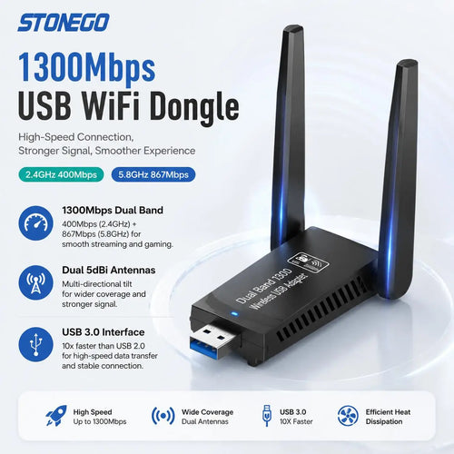 1300Mbps USB 3 0 WiFi Adapter Dual Band 5GHz 2 4GHz High Gain Antenna Long Range Wireless Network Card WiFi Dongle for PC Laptop Desktop Windows 11 10 8 7 Vista XP Compatible with AC1300 802 11ac Internet Receiver - Macgyverzoutpost