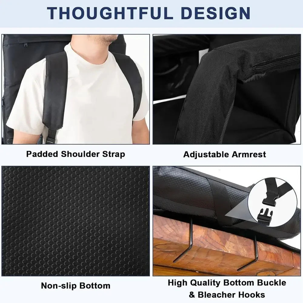 Double Pack Extra Wide Reclining Stadium Seats with Armrests, Adjustable Angles, Padded Backpack Straps & Pockets