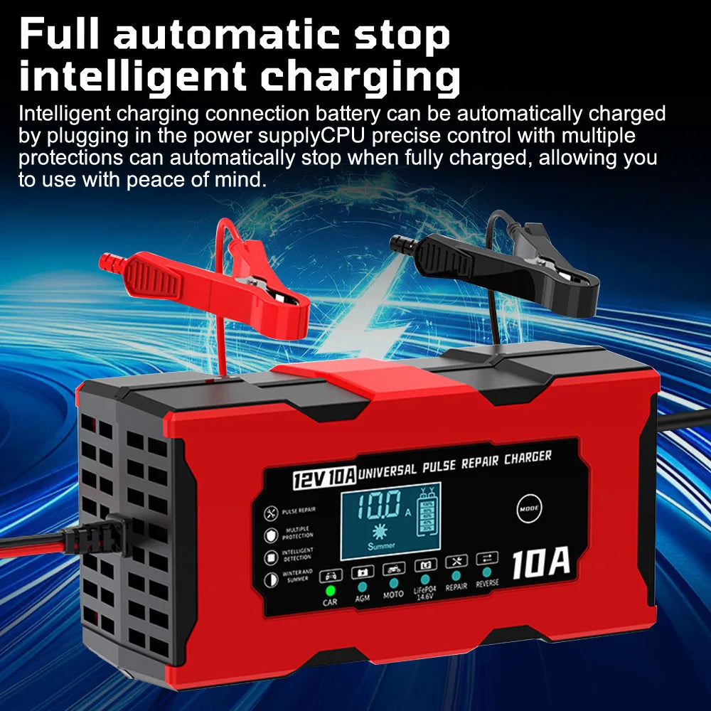 Battery Charger Intelligent Smart Battery Charging 12V 10A Fast Power Charging Pulse Repair Tools Digital Display For SUV Motorcycle Truck RV Universal - Macgyverzoutpost