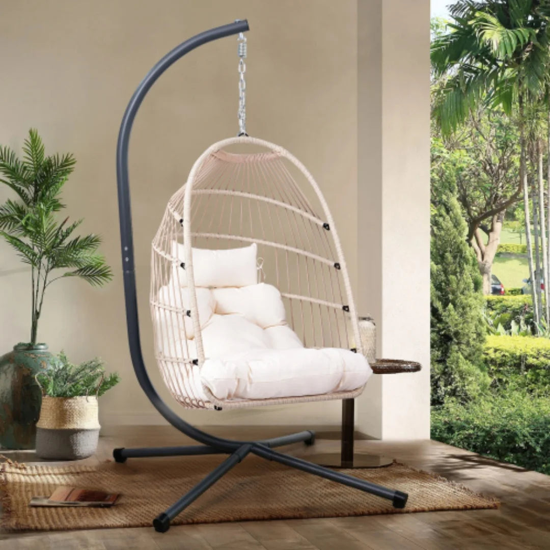 Outdoor Egg Chair with Stand, 350 Lbs Wicker Patio Hanging Chair, Folding Swing Hammock Chair with Cushion