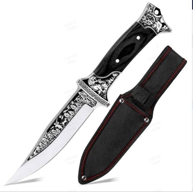 Wood Handle Fixed Blade Utility Knife with Protective Sheath Stainless Steel Outdoor Camping Hiking Picnic Daily Use Accessory