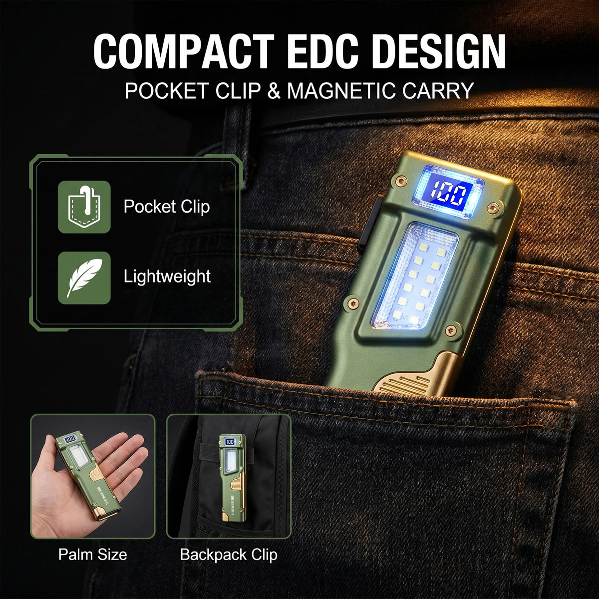 3000 Lumens EDC Tactical Flashlight USB Rechargeable 4 Light Modes White Red UV COB Side Light Shockproof Water Resistant Pocket Torch with Clip Digital Power Display for Camping Fishing Scorpion Detection Car Repair