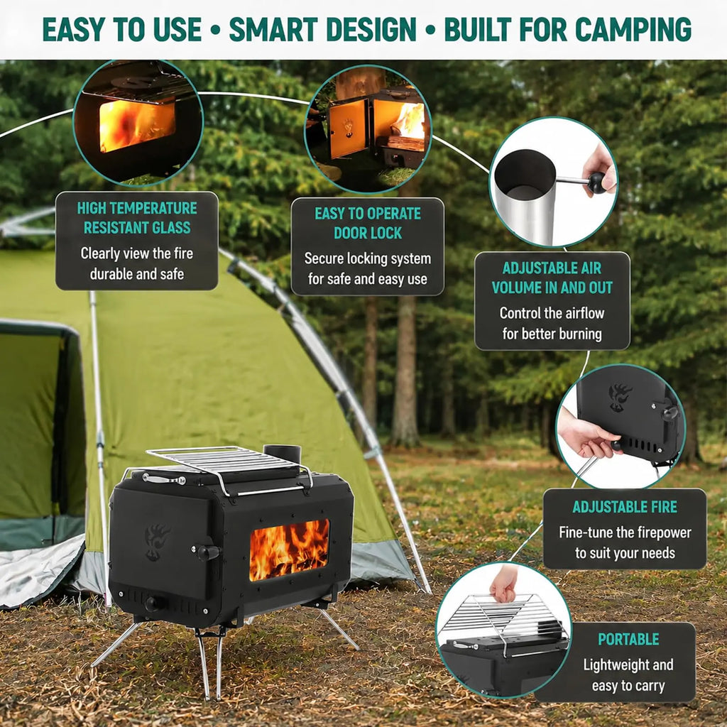 Large Hot Tent Stove with Wide Base, Portable Wood Burning Camping Stove