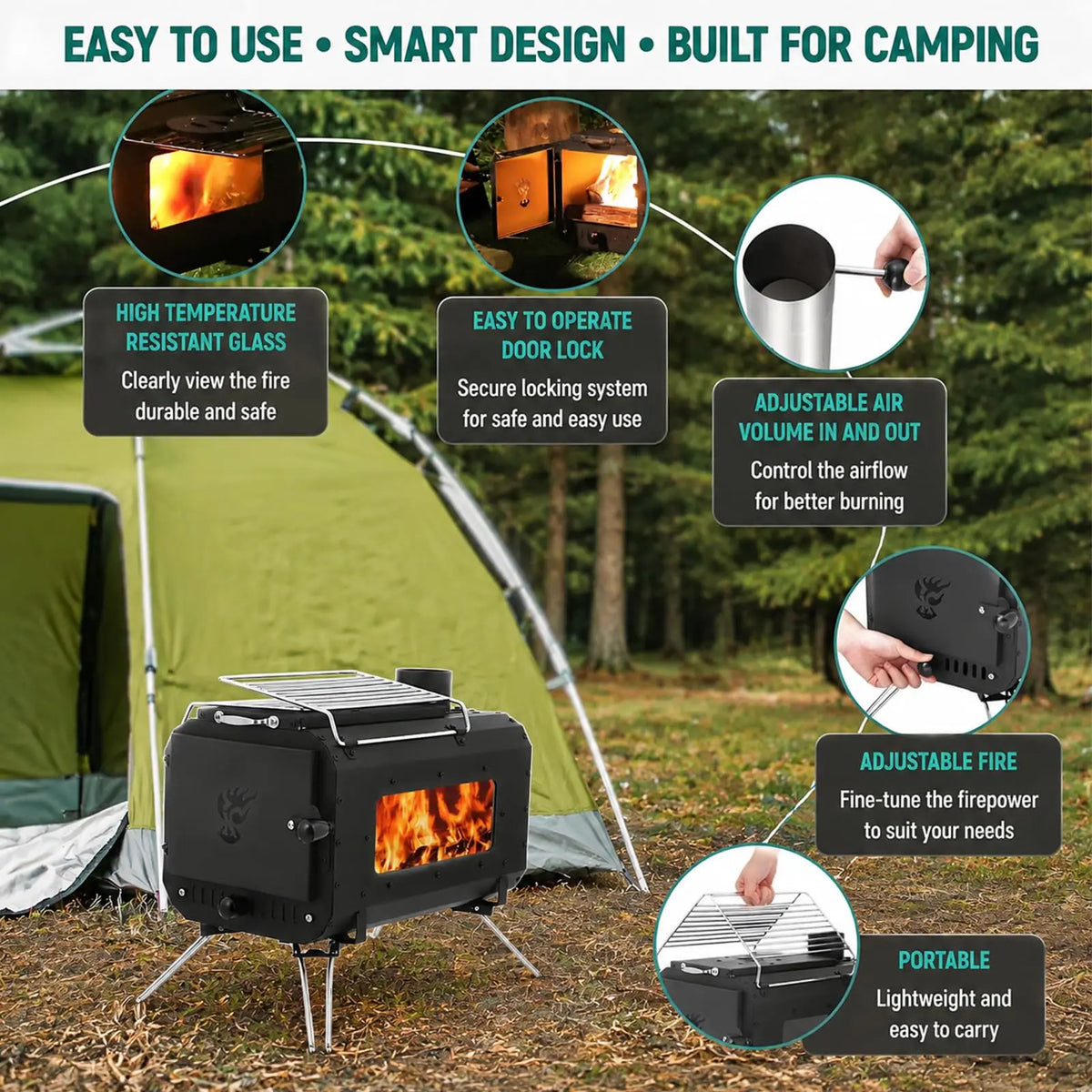 Large Hot Tent Stove with Wide Base, Portable Wood Burning Camping Stove