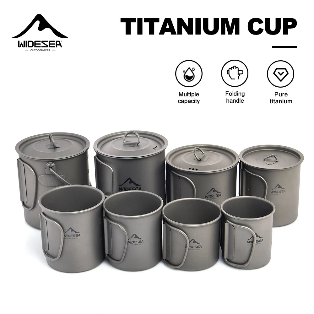 Widesea Ultralight Pure Titanium Camping Cup with Foldable Handle Multiple Capacity Portable Outdoor Mug for Hiking Backpacking