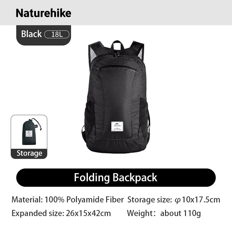 Naturehike Backpack 18L Black Ultralight Outdoor Waterproof Folding Backpack Camping Hiking Shoulder Bag