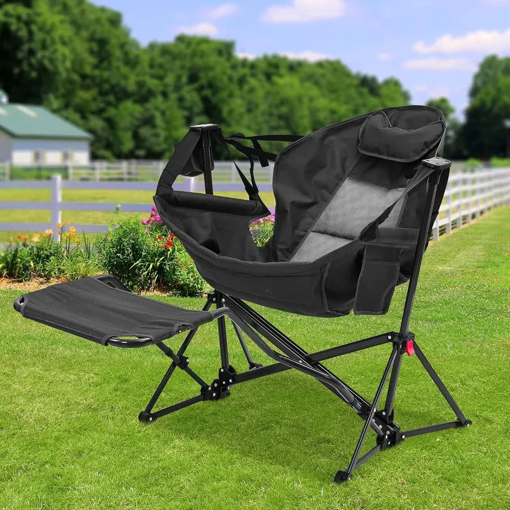 Hammock Camping Chair with footrest, Oversized folding Swinging Chair or Adults, Rocking Portable  with Cup Holder Pillow