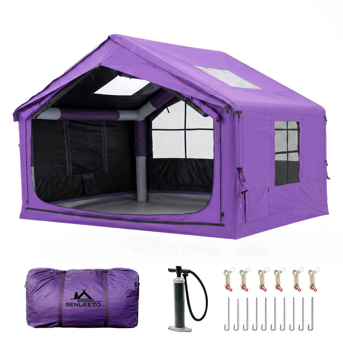 SENLEETO 11.8'X9.8' Inflatable Camping Tent for Family with Stove Jack,Black Coating Easy Setup Blow up Tent with Skylight AC Vent