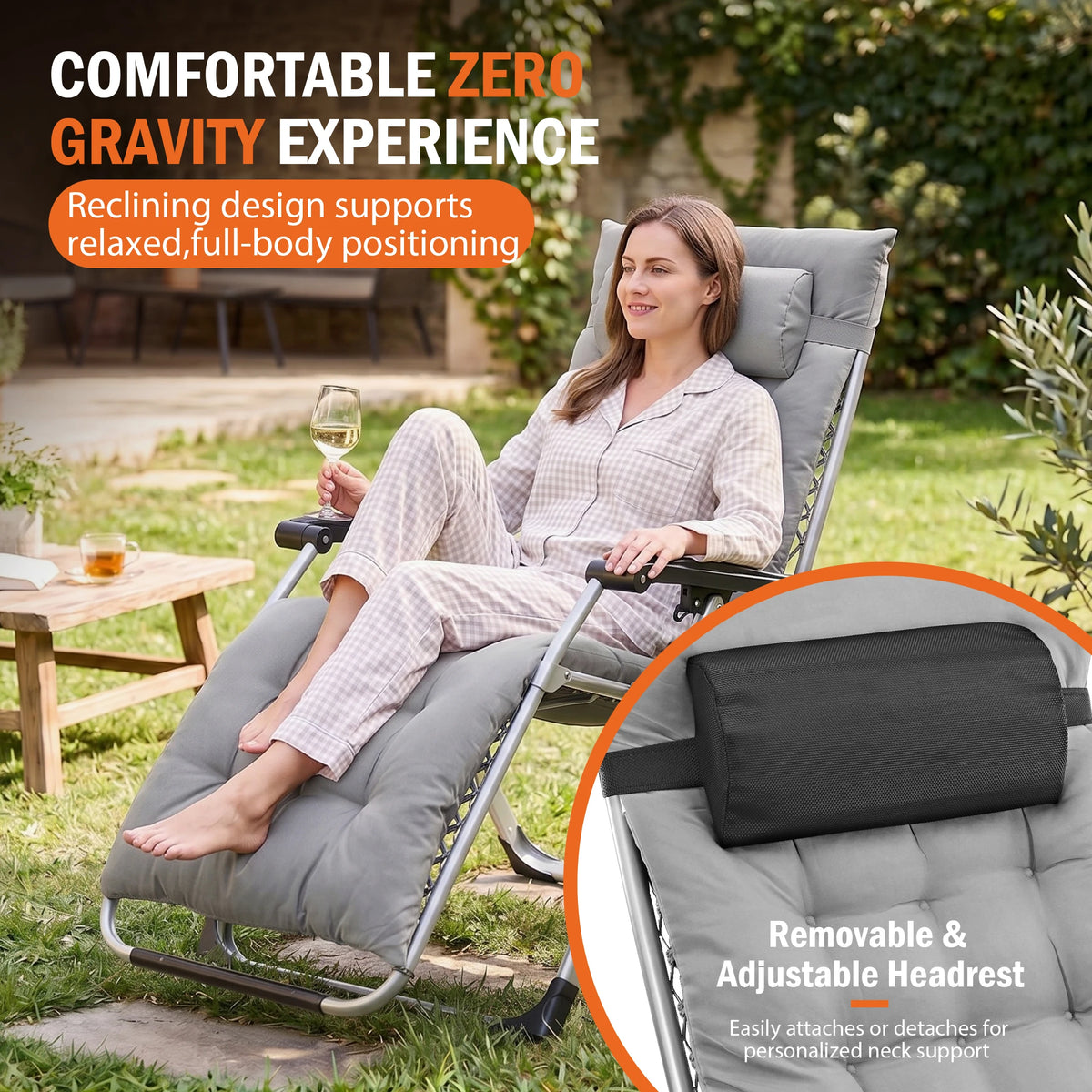 JHK Zero Gravity Reclining Camping Lounge Chair for Outdoor Soft Cushion Patio Chairs with Cup Holder Trays and Removable Cushion Folding Recliner