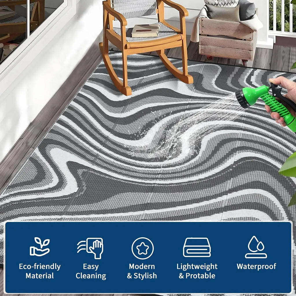Garvee Waterproof Outdoor Rug 10x14ft Abstract Outdoor Camping Rug with Portable Bag Large Reversible Plastic Straw Foldable Lightweight