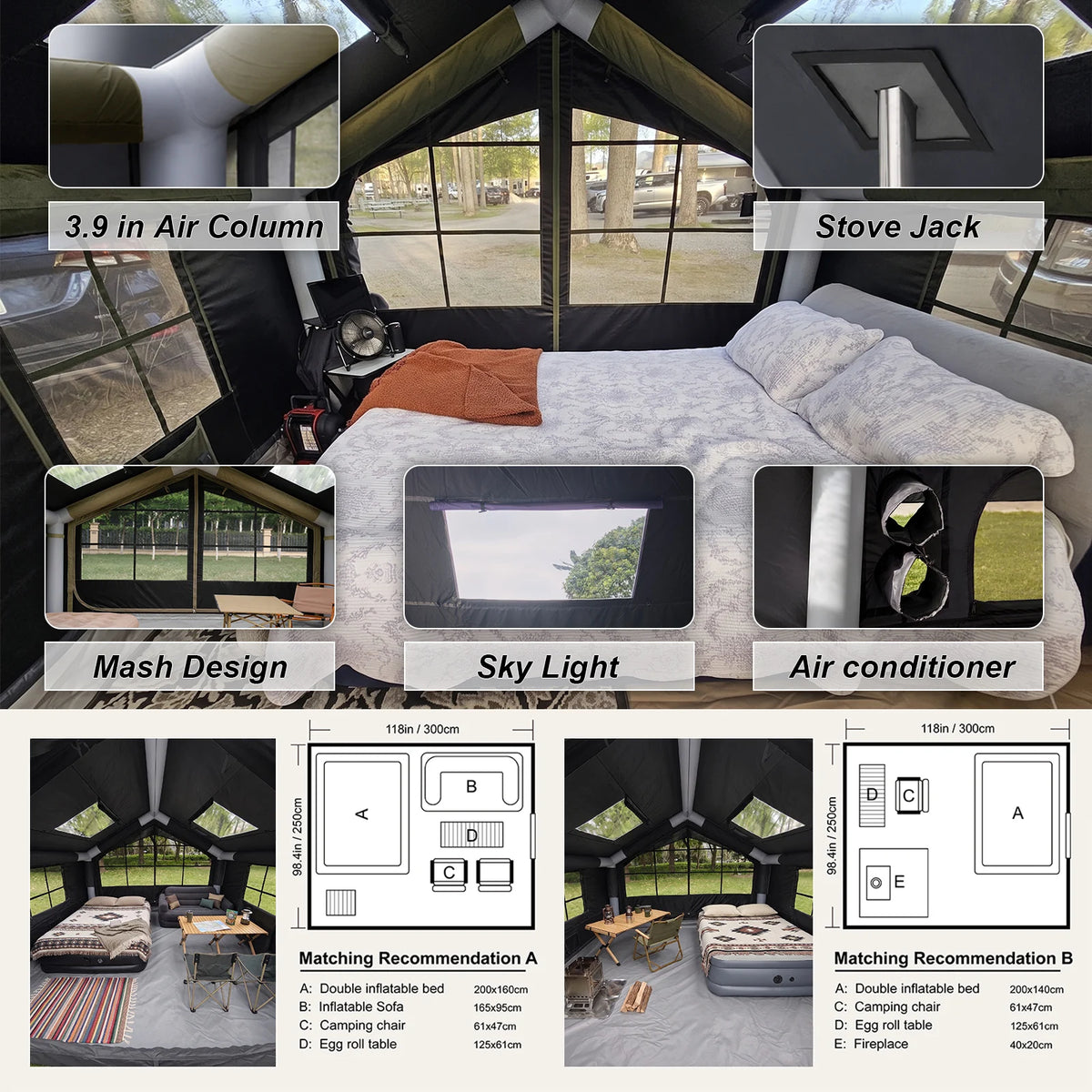 SENLEETO 11.8'X9.8' Inflatable Camping Tent for Family with Stove Jack,Black Coating Easy Setup Blow up Tent with Skylight AC Vent