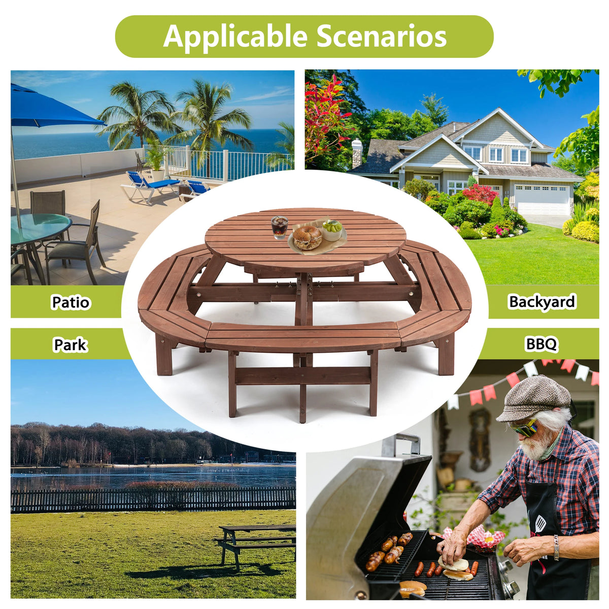 Solid Wood Round Outdoor Picnic Table Set with Fully Enclosed Built-in Curved Benches, Outdoor Patio Dining Furniture Equipped with Umbrella Hole - Macgyverzoutpost