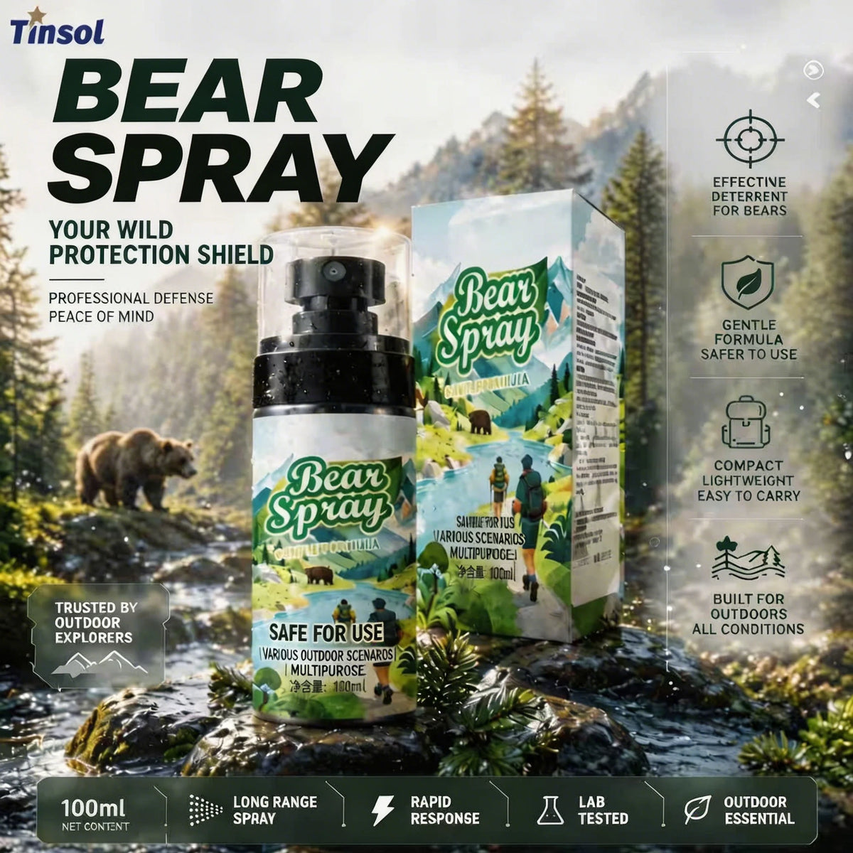 100ml Wildlife Repellent Spray Safety Lock Bear Dog Deterrent Pepper Oil Non-Lethal Camping Outdoor Hiking Forest Animal Gear