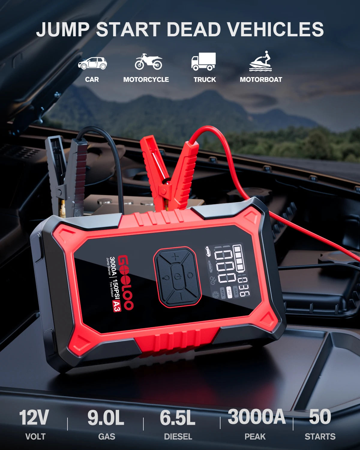 GOOLOO A3 Jump Starter with Air Compressor, 3000A Portable Car Battery Booster (9.0 Gas/6.5L Diesel) with 150PSI Auto-Shutoff - Macgyverzoutpost