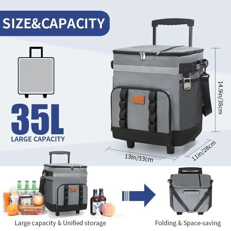 Insulated Rolling Cooler Bag Proof Picnic Trolley Box Detachable Large Thermal Food Delivery Box for Camping Refrigerator