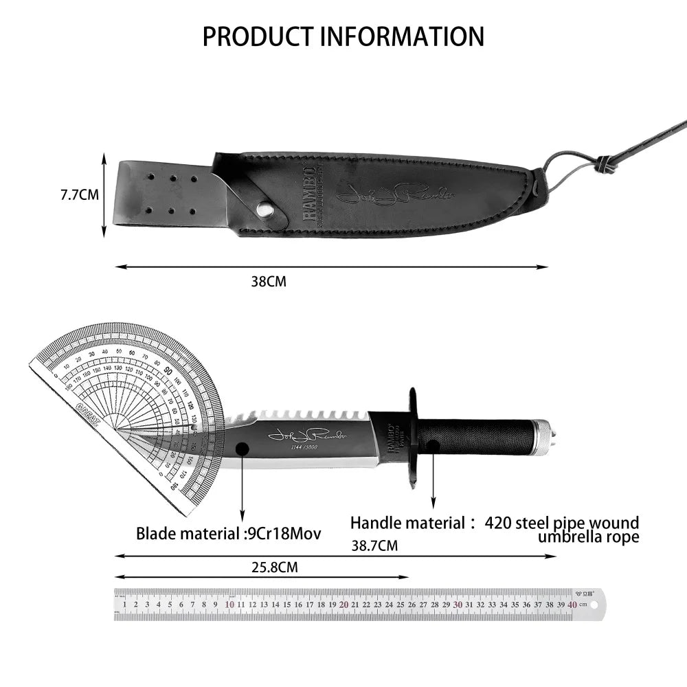 RAMBO Fixed Blade Knife 9Cr18Mov Blade Outdoor Hunting Survival Defense Tactical Combat Cutting Durable Camping Knife