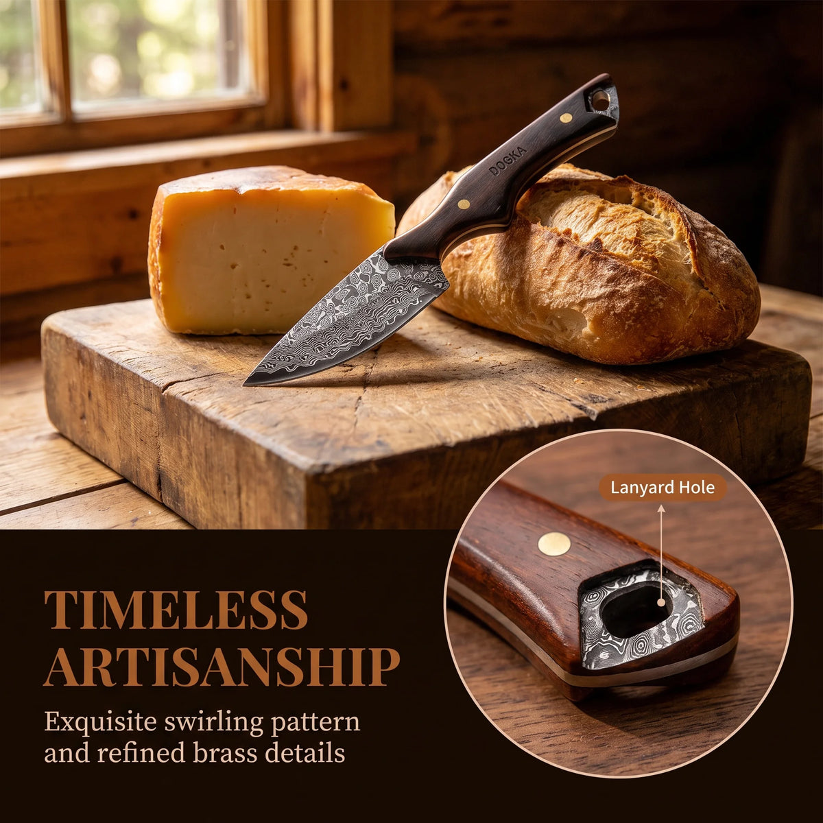 Damascus Pattern Fixed Blade Utility Knife with Solid Wood Handle Portable Outdoor Camping Picnic Cutting EDC Gear with Handmade Leather Sheath 2 Styles