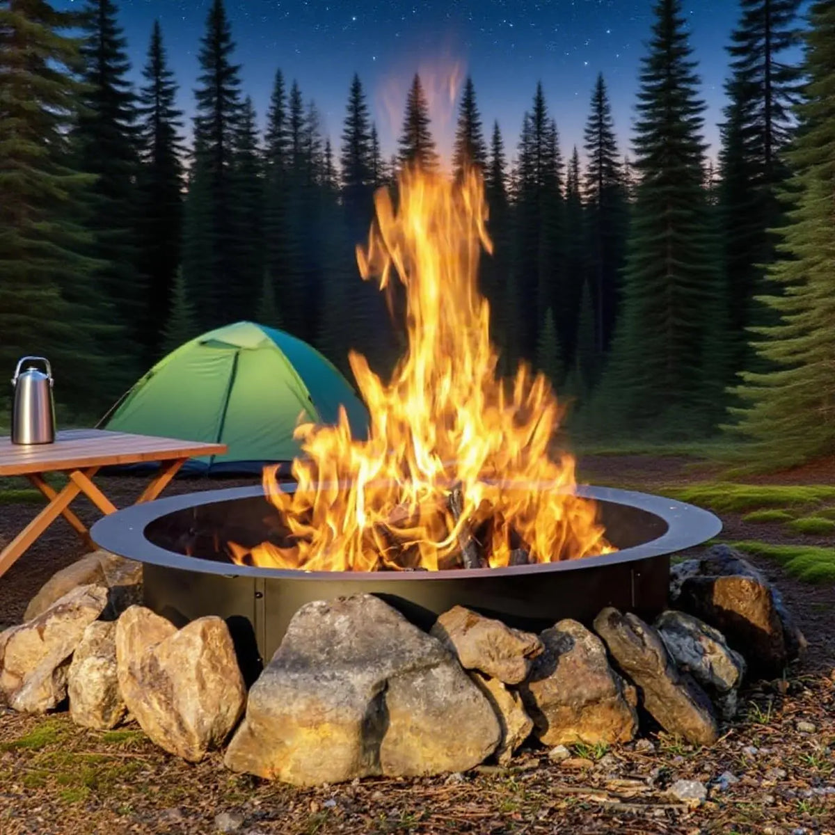 Outdoor Carbon Steel Fire Pit Ring, 48-60" Diameter, Heavy Duty Round Edge for Garden Fire and Large Events, Firewood Mounting Kit