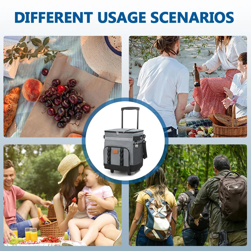 Insulated Rolling Cooler Bag Proof Picnic Trolley Box Detachable Large Thermal Food Delivery Box for Camping Refrigerator