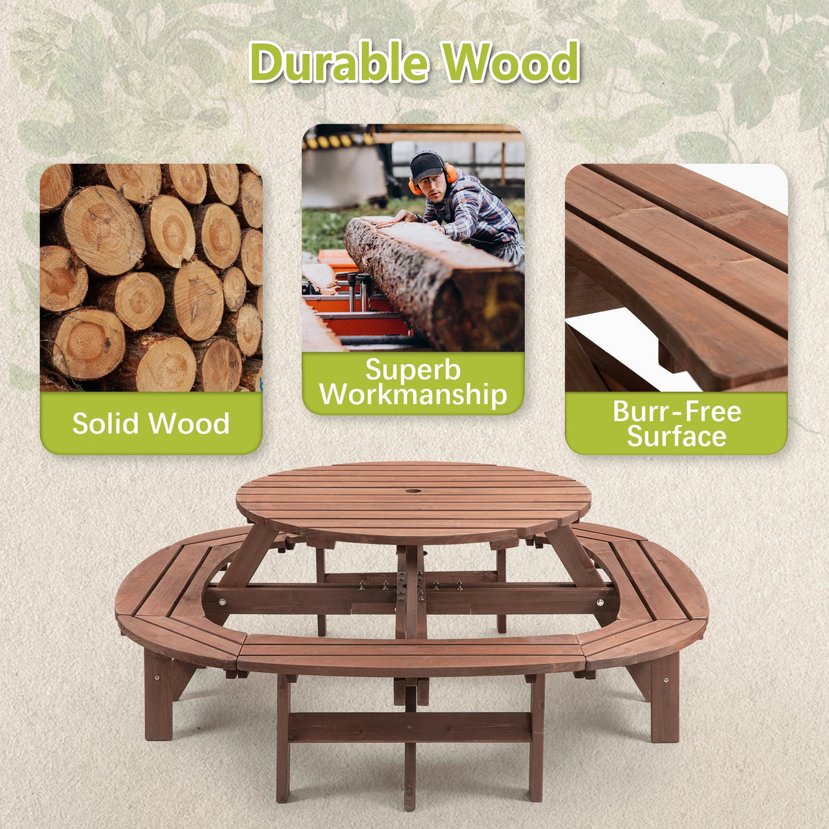 Solid Wood Round Outdoor Picnic Table Set with Fully Enclosed Built-in Curved Benches, Outdoor Patio Dining Furniture Equipped with Umbrella Hole - Macgyverzoutpost