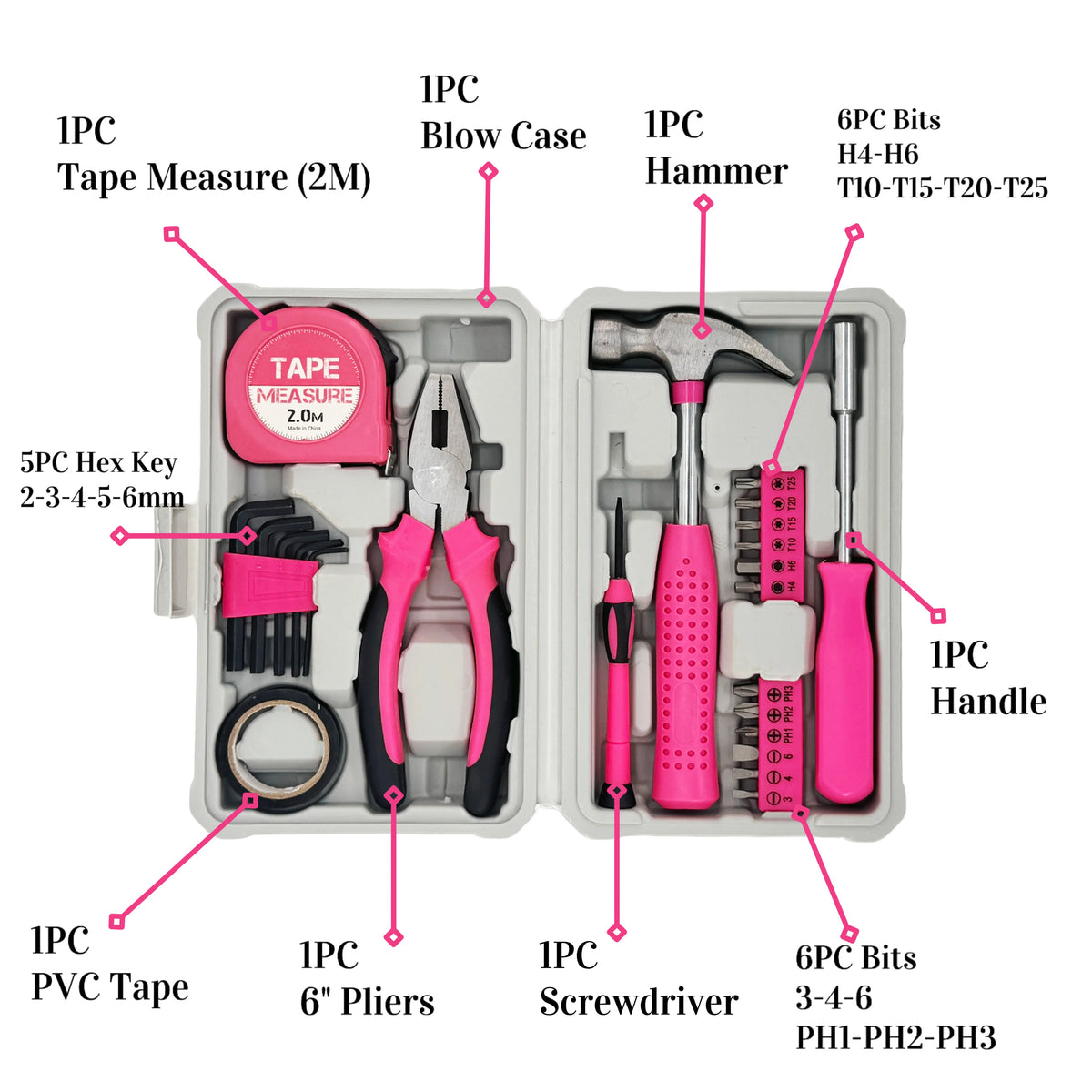 Pink Tool Set  | 24-Piece CR-V Alloy Steel Car Repair Tool Kit | Includes l Wrenches/Pliers/Screwdrivers