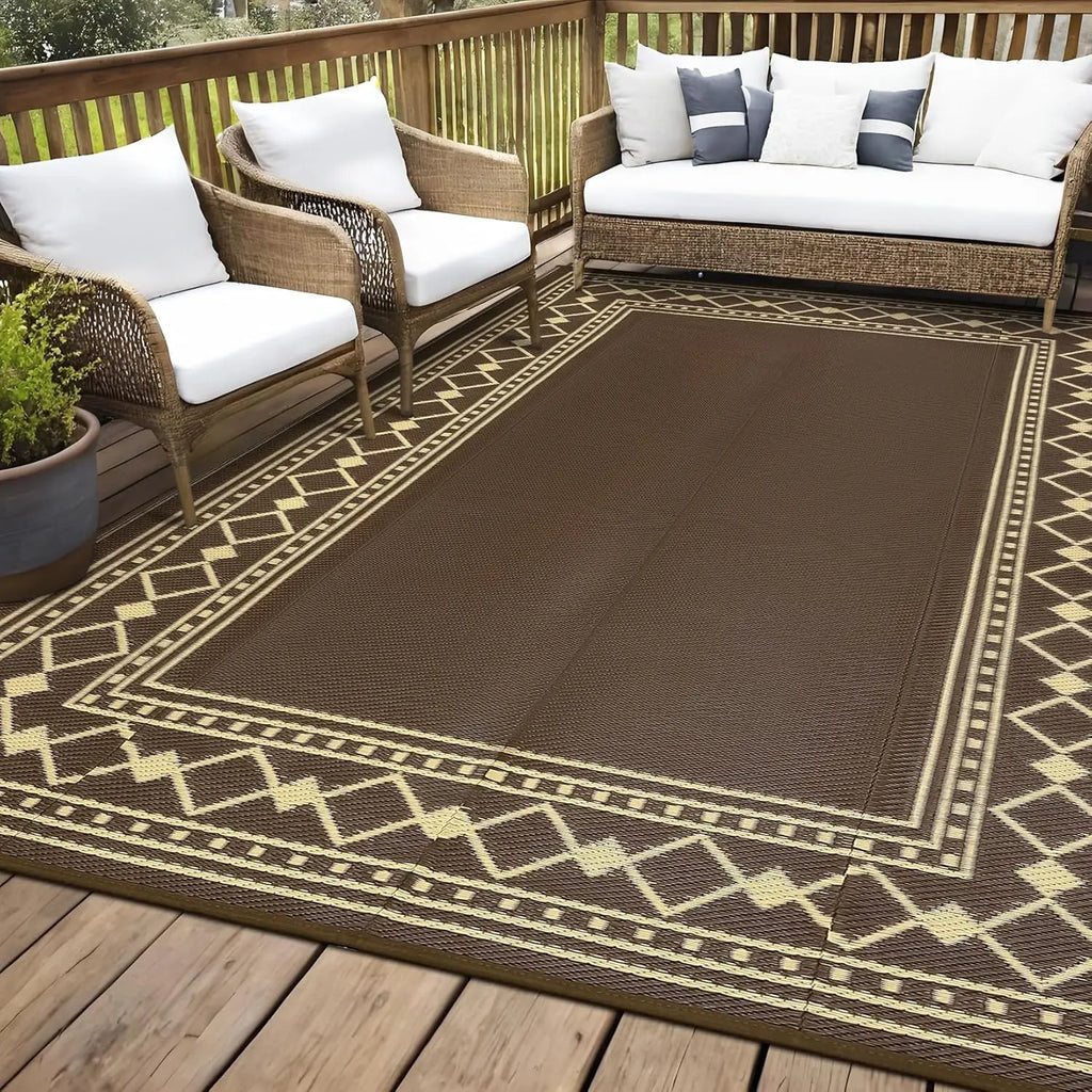 10x20 Reversible Outdoor Rug – Waterproof Plastic Straw Mat, Bordered Geometric Design, Brown/Coffee,