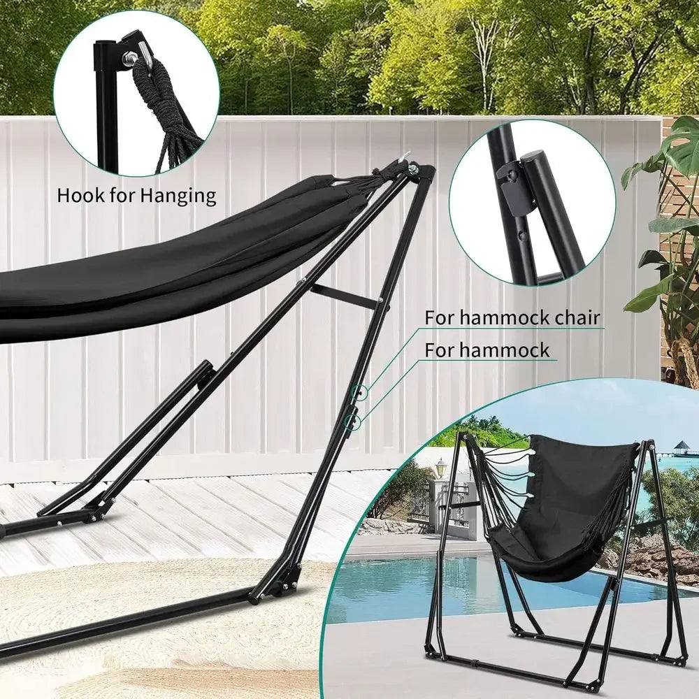 Portable Outdoor Hammock with Stand, 2-in-1 Swing Chair, Carry Bag Included, Ideal for Camping, Patio, Garden, Black