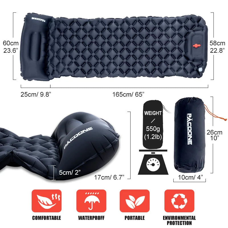 PACOONE Outdoor Sleeping Pad Camping Inflatable Mattress Built-in Pump Ultralight Air Cushion Travel Mat With Headrest For Travel - Macgyverzoutpost