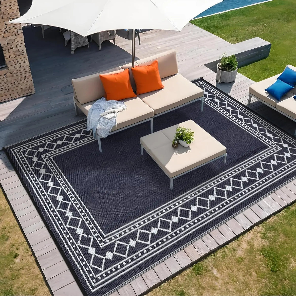 10x20 Large Outdoor Patio Rug – Diamond Border Plastic Straw Rug, Waterproof, Foldable, UV Resistant, Reversible Camping Mat for Deck,