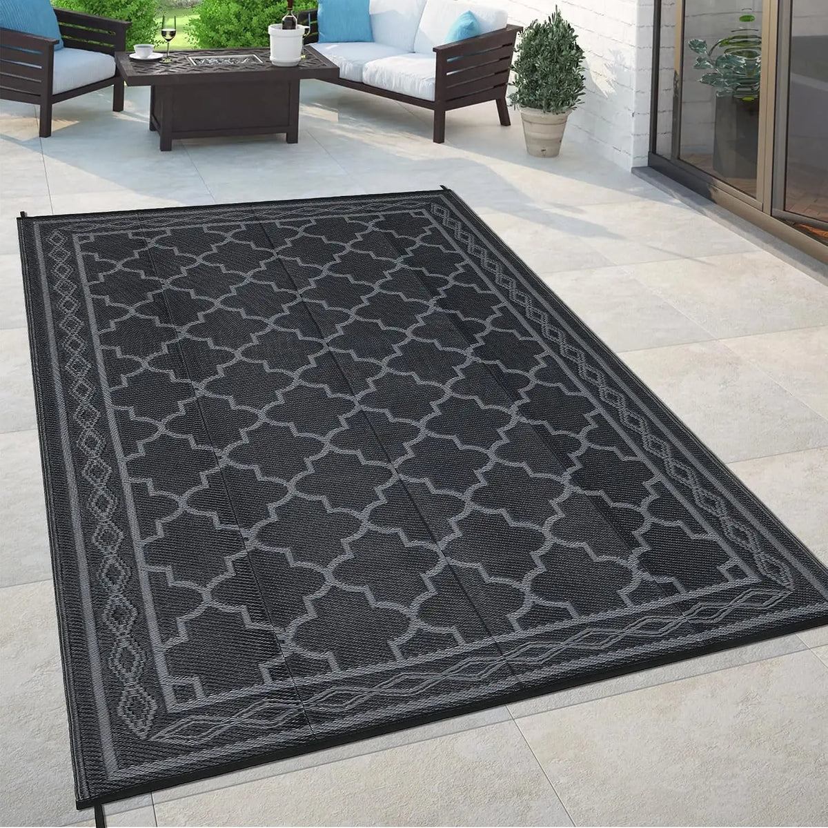 9x18 Reversible Outdoor Area Rug – Waterproof Lightweight Plastic Mat for  Camper & Backyard, Black/Grey
