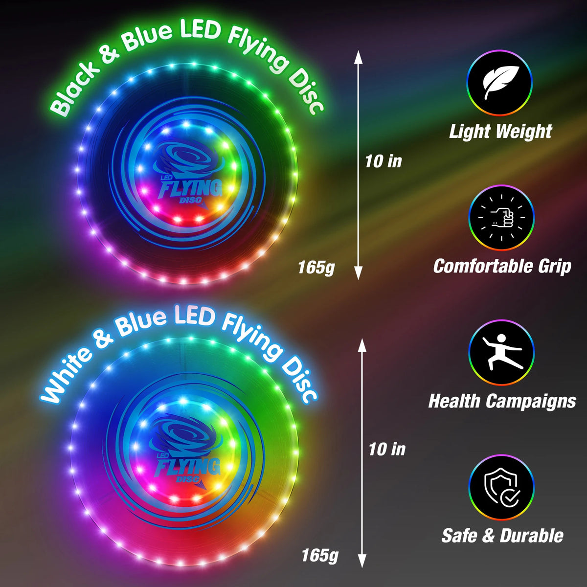 2 Pack Rechargeable Glow-in-the-Dark Flying Discs with 45 LEDs 14 Lighting Modes Easter Basket Stuffers Camping Toys for Kids Teens Adults Birthday Halloween Christmas Gift